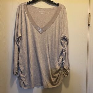 Lane Bryant Plus Size Beige Long Sleeve Embellished V neck Tee Size 14/16